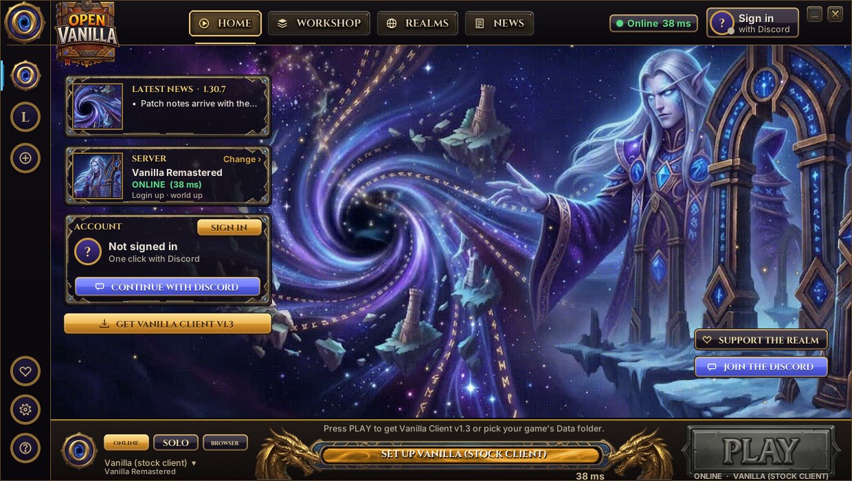 The Open Vanilla desktop launcher with a realm list and a play button