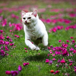 A cat running in a field of flowers.