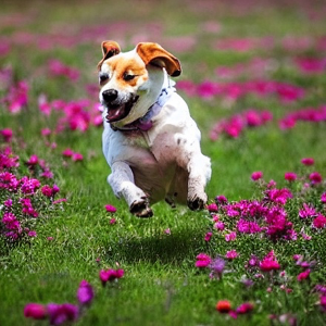 A dog running in a field of flowers.