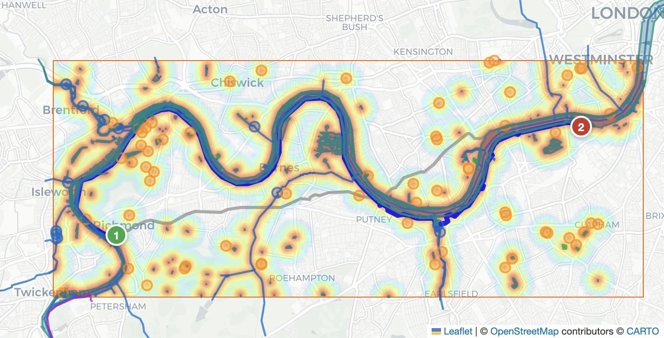 Scenic route along the Thames with POI heatmap
