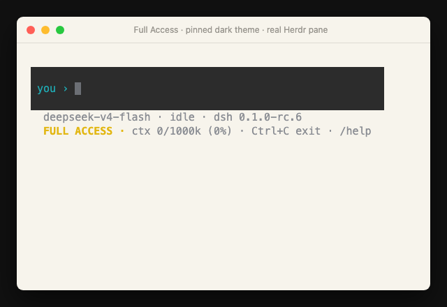 dsh-tui showing the Full Access permission warning state
