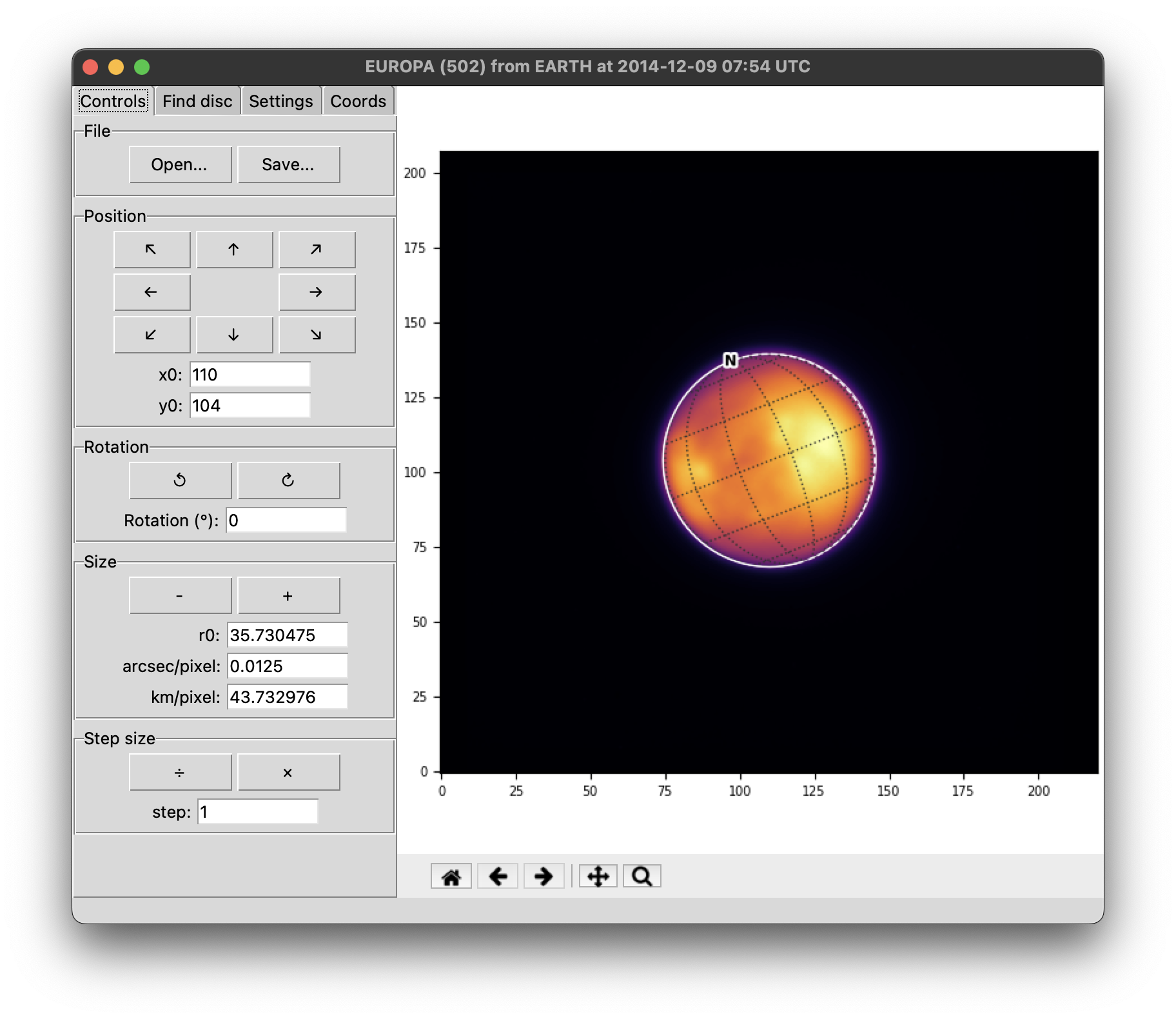 Screenshot of the PlanetMapper graphical user interface showing an observation of Europa being navigated