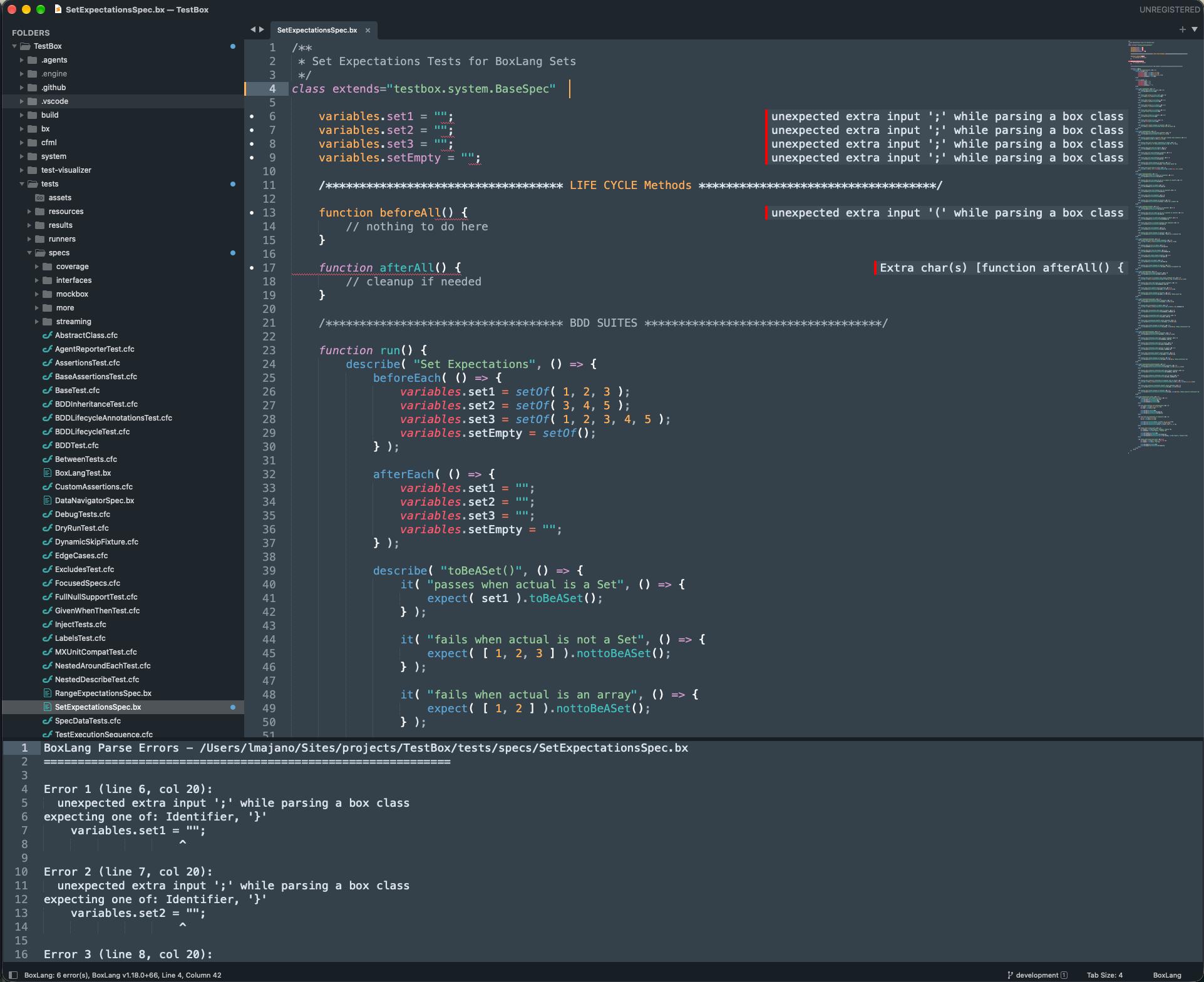 BoxLang syntax errors shown inline and in the error panel