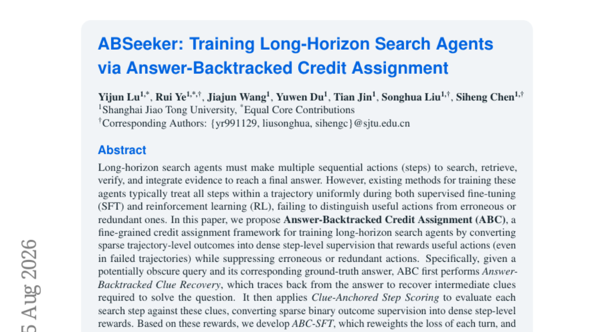 ABSeeker: Training Long-Horizon Search Agents via Answer-Backtracked Credit Assignment