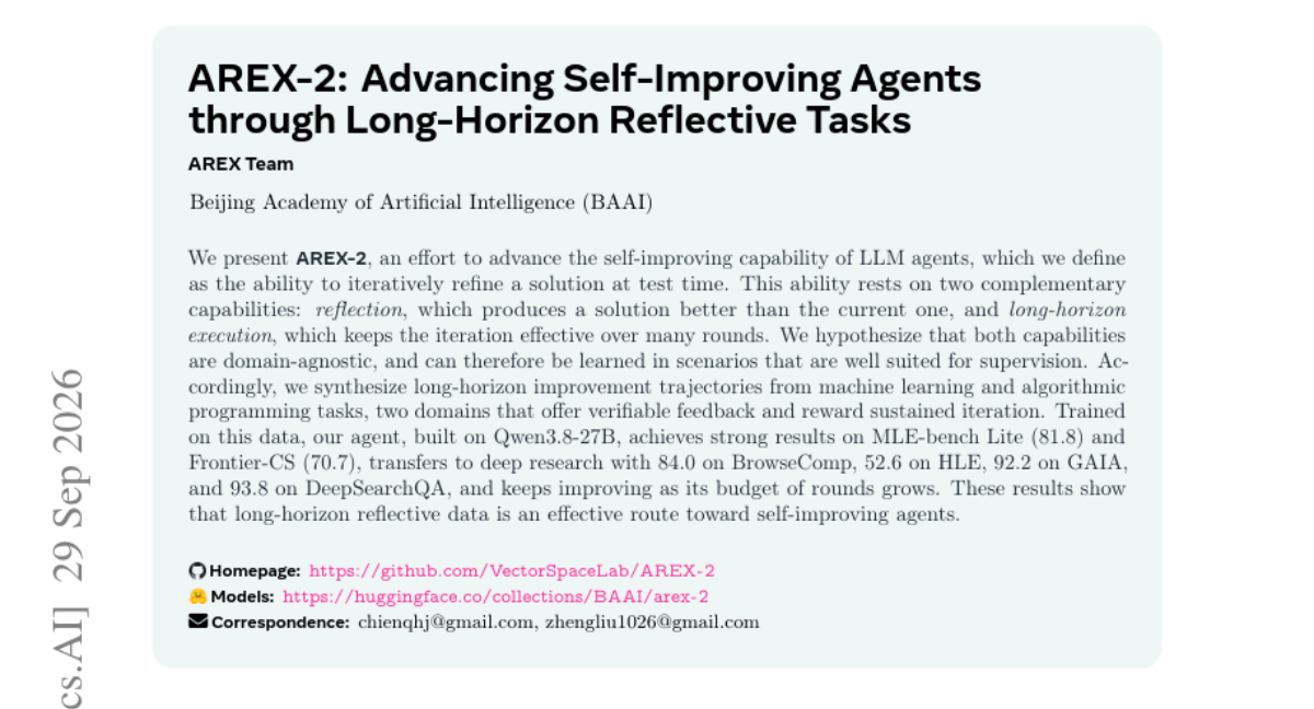 AREX-2: Advancing Self-Improving Agents through Long-Horizon Reflective Tasks