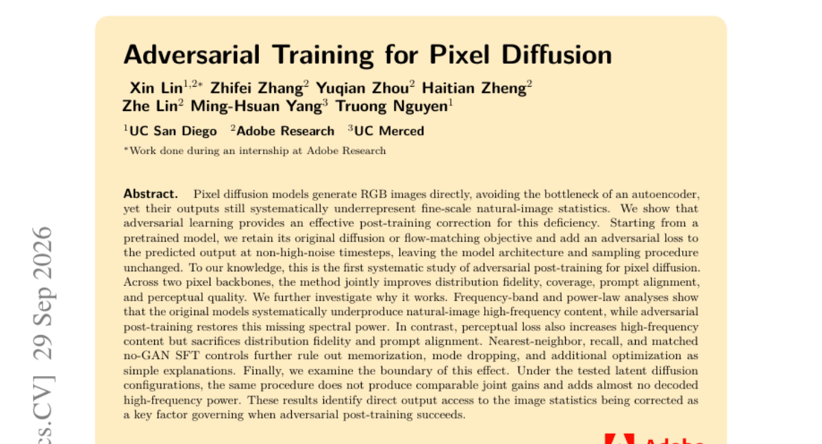 Adversarial Training for Pixel Diffusion