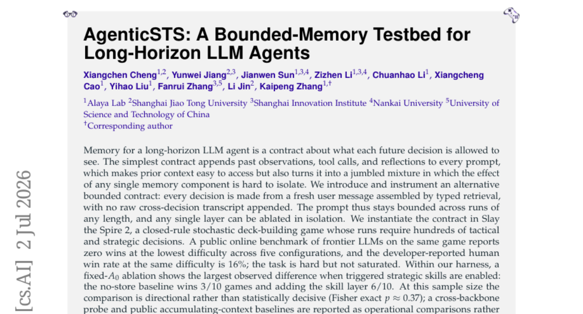AgenticSTS: A Bounded-Memory Testbed for Long-Horizon LLM Agents