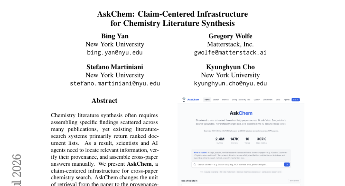 AskChem: Claim-Centered Infrastructure for Chemistry Literature Synthesis