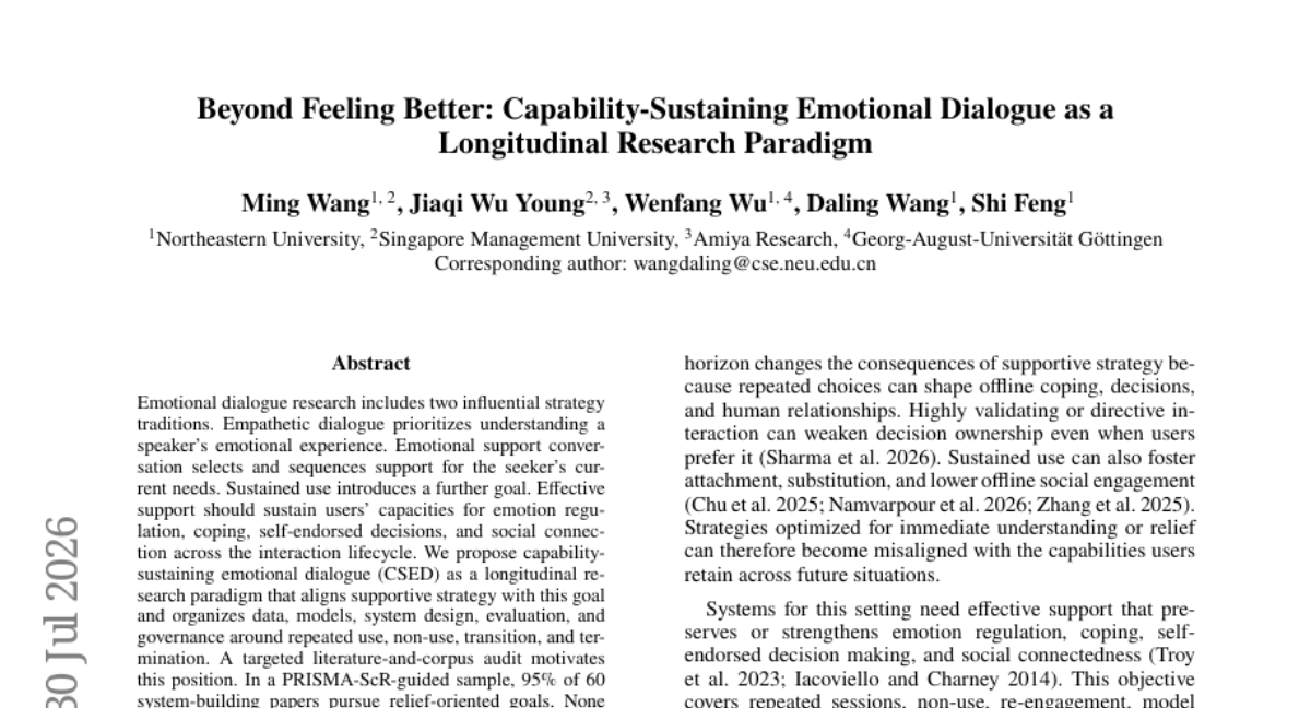 Beyond Feeling Better: Capability-Sustaining Emotional Dialogue as a Longitudinal Research Paradigm