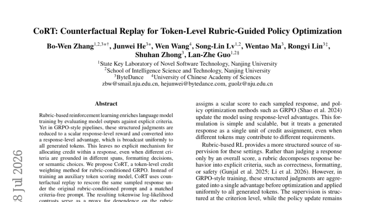 CoRT: Counterfactual Replay for Token-Level Rubric-Guided Policy Optimization