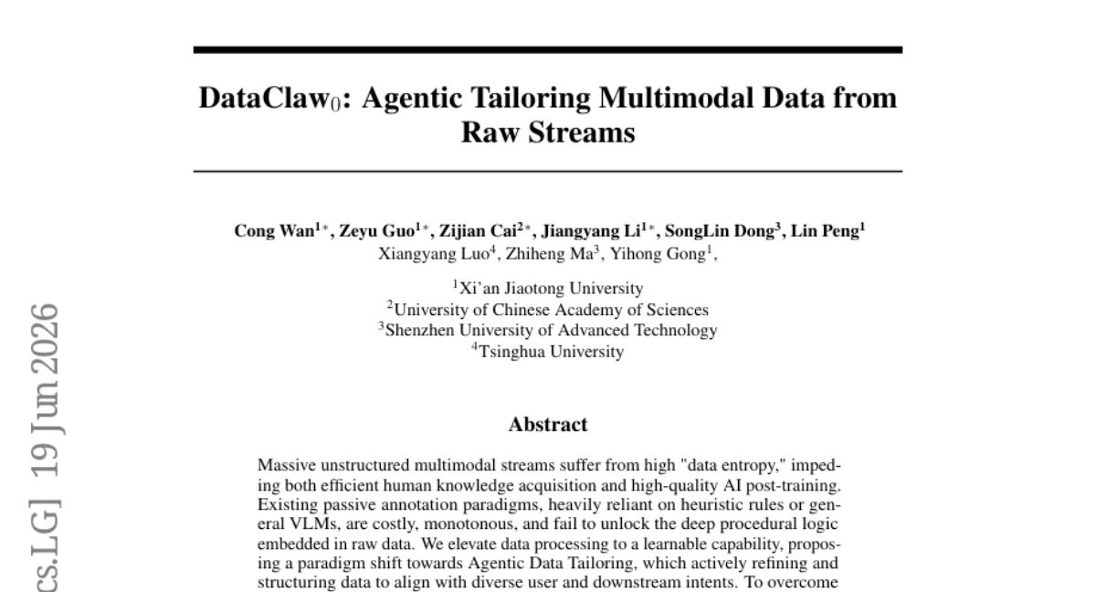 DataClaw0: Agentic Tailoring Multimodal Data from Raw Streams