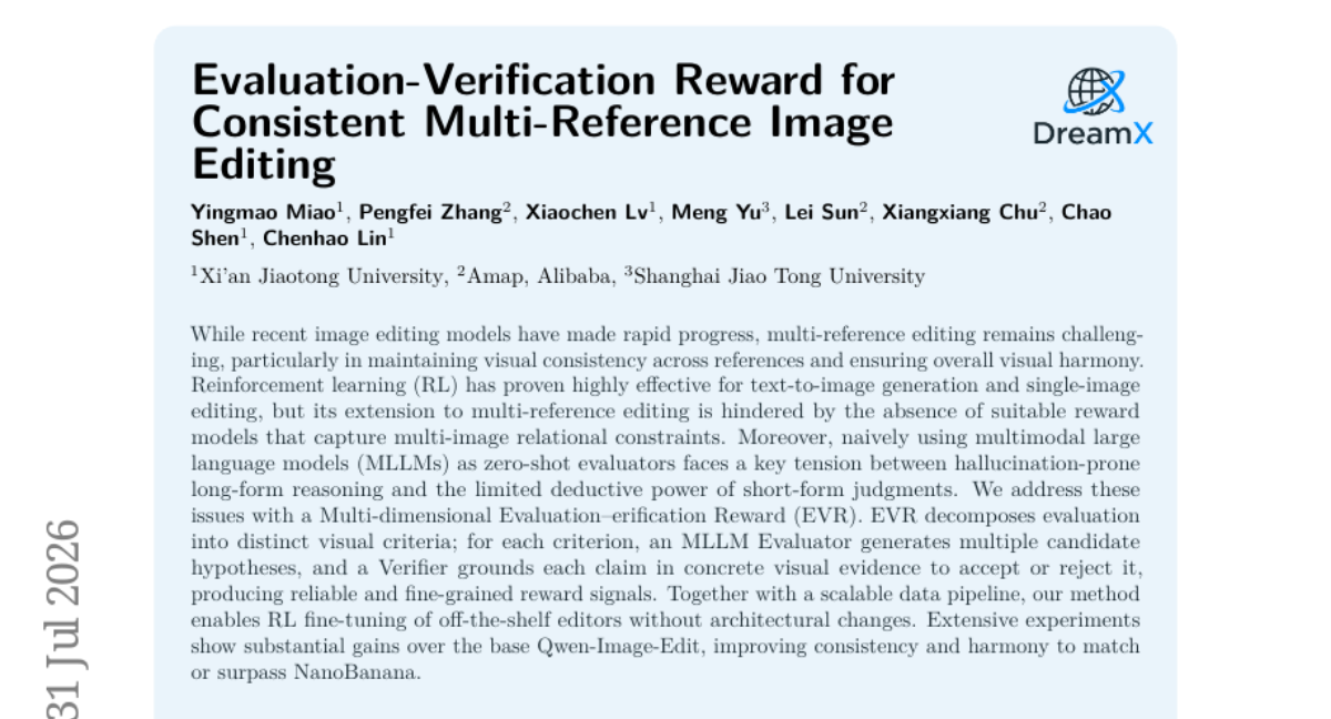 Evaluation-Verification Reward for Consistent Multi-Reference Image Editing