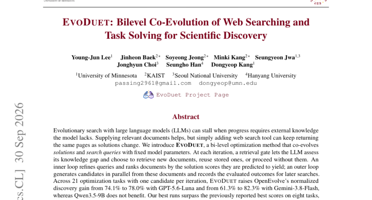 EvoDuet: Bilevel Co-Evolution of Web Searching and Task Solving for Scientific Discovery