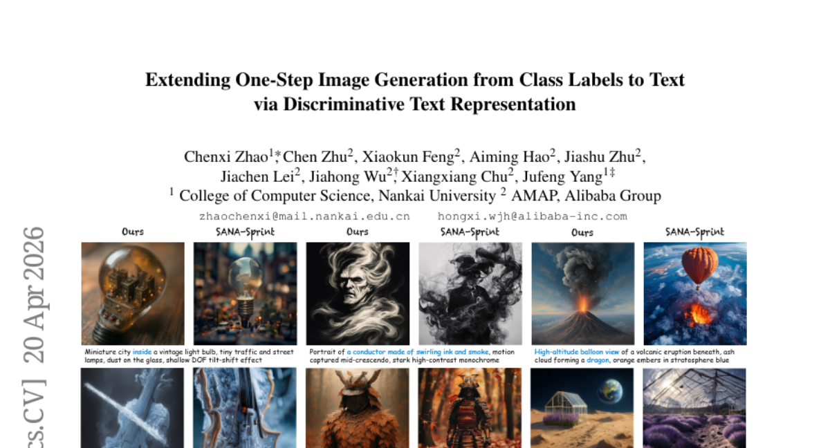Extending One-Step Image Generation from Class Labels to Text via Discriminative Text Representation