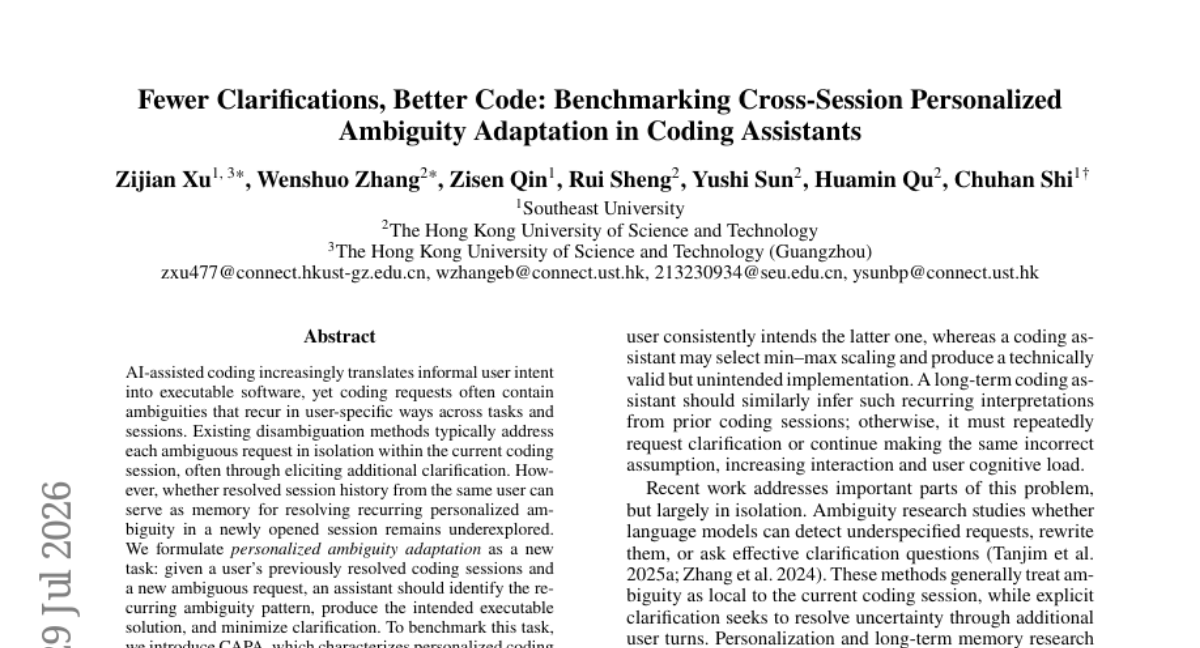 Fewer Clarifications, Better Code: Benchmarking Cross-Session Personalized Ambiguity Adaptation in Coding Assistants