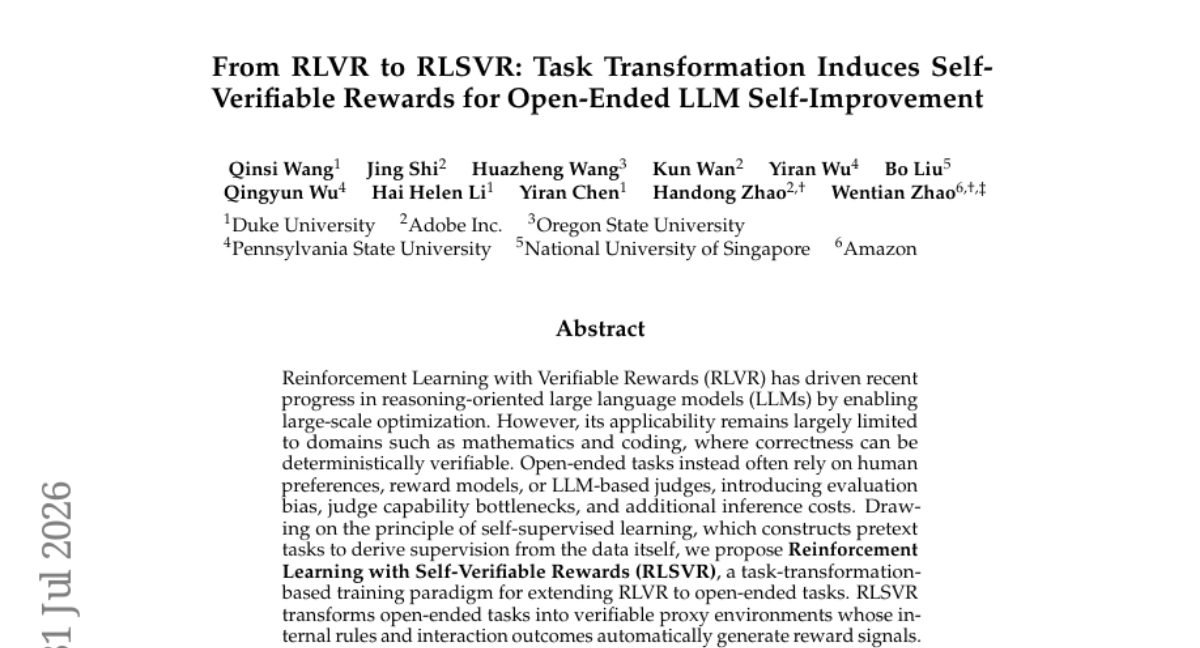 From RLVR to RLSVR: Task Transformation Induces Self-Verifiable Rewards for Open-Ended LLM Self-Improvement