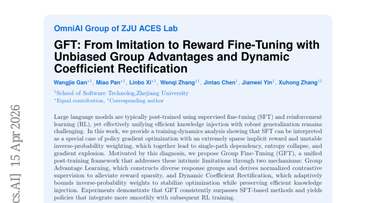 GFT: From Imitation to Reward Fine-Tuning with Unbiased Group Advantages and Dynamic Coefficient Rectification