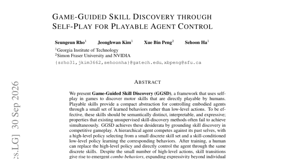 Game-Guided Skill Discovery through Self-Play for Playable Agent Control