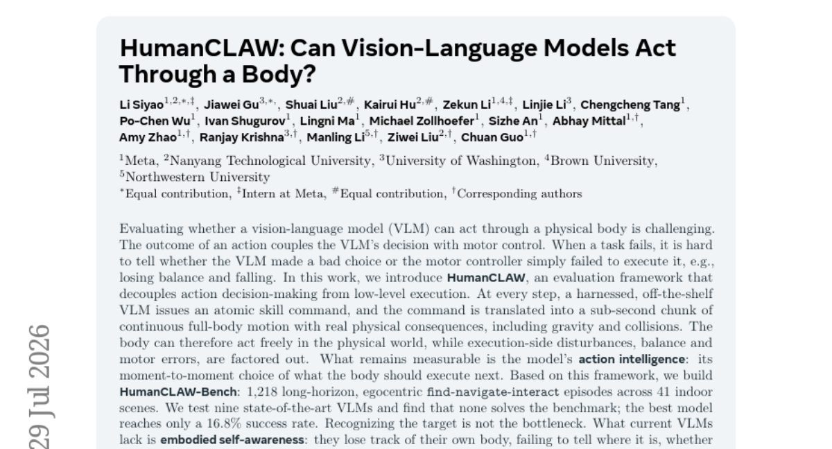 HumanCLAW: Can Vision-Language Models Act Through a Body?