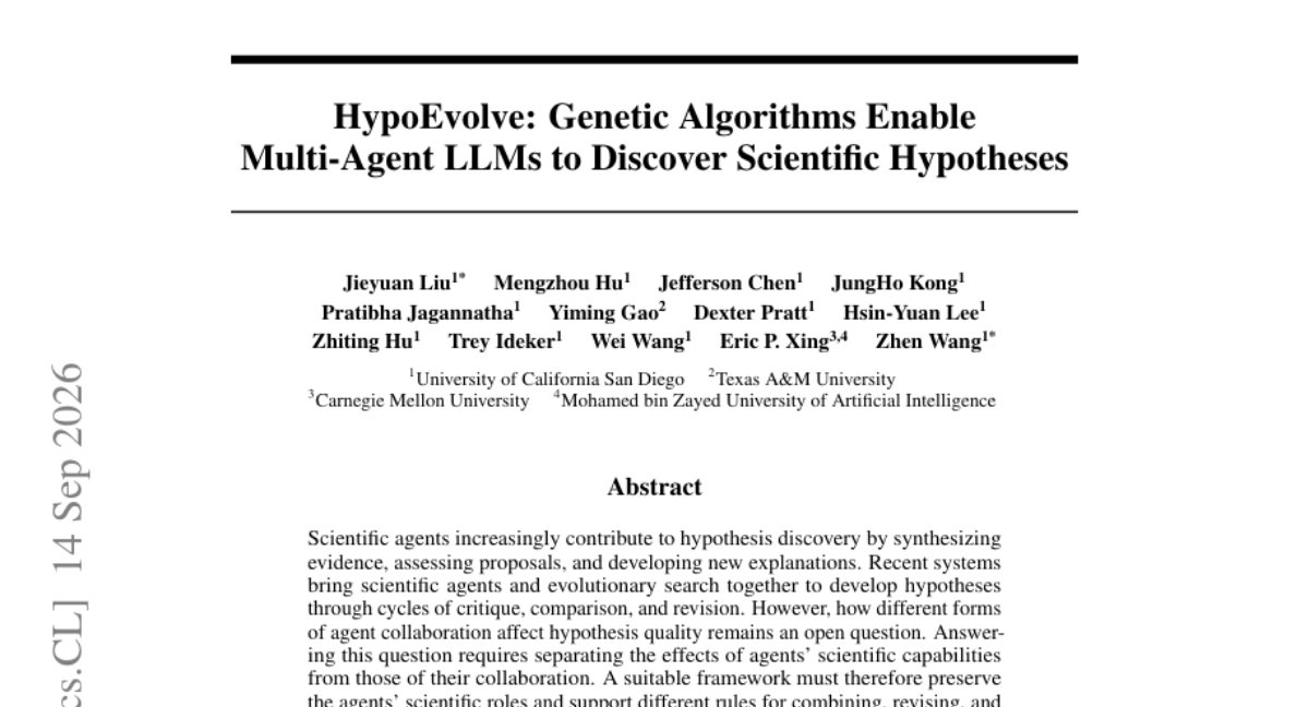 HypoEvolve: Genetic Algorithms Enable Multi-Agent LLMs to Discover Scientific Hypotheses