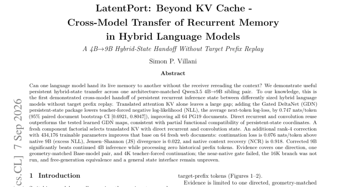 LatentPort: Beyond KV Cache - Cross-Model Transfer of Recurrent Memory in Hybrid Language Models: A 4B-to-9B Hybrid-State Handoff Without Target Prefix Replay