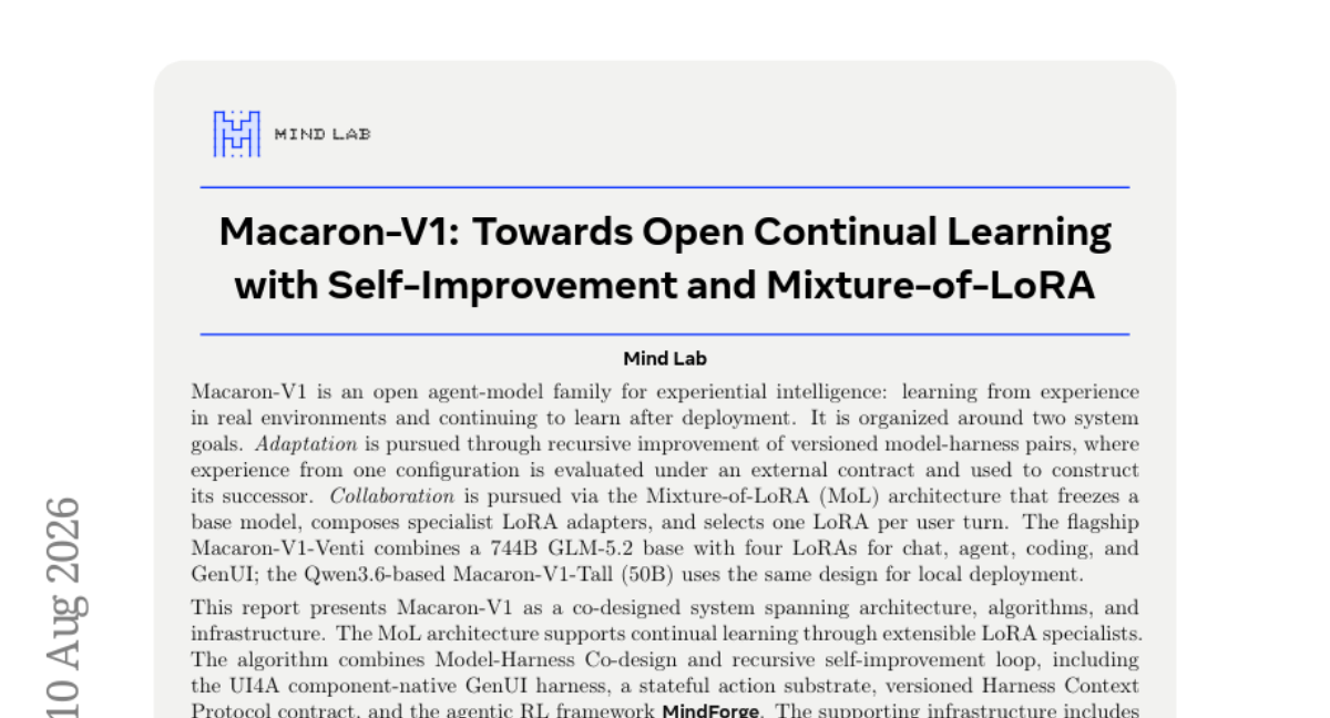 Macaron-V1: Towards Open Continual Learning with Self-Improvement and Mixture-of-LoRA