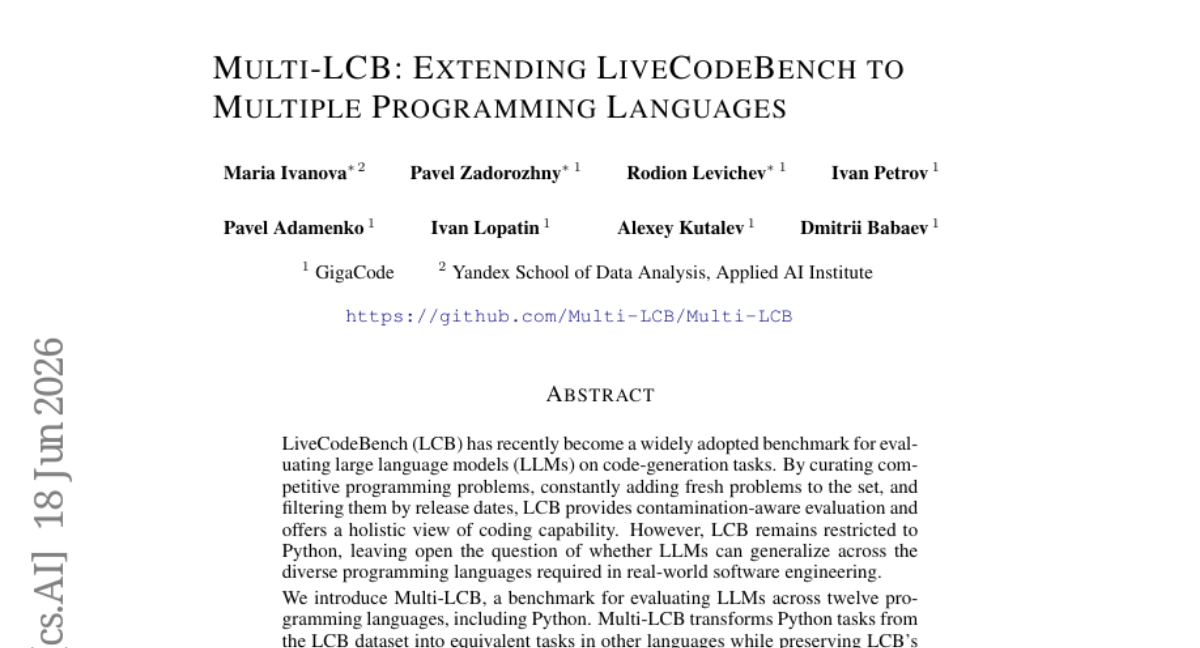 Multi-LCB: Extending LiveCodeBench to Multiple Programming Languages