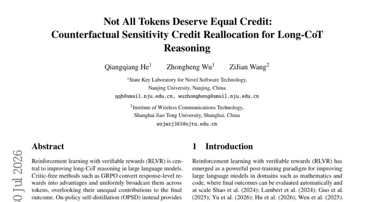 Not All Tokens Deserve Equal Credit: Counterfactual Sensitivity Credit Reallocation for Long-CoT Reasoning