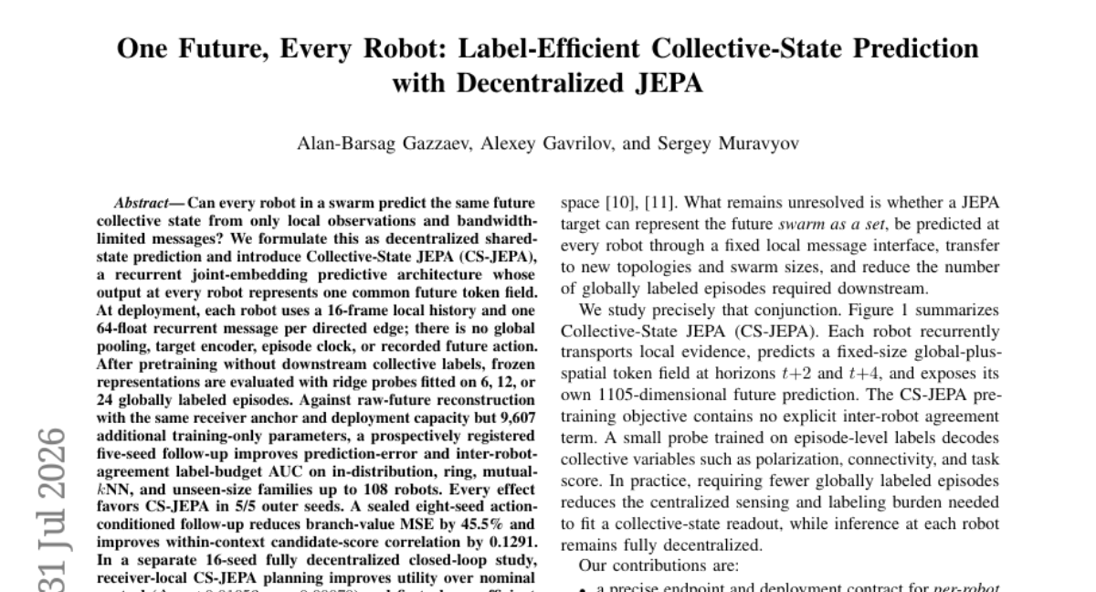 One Future, Every Robot: Label-Efficient Collective-State Prediction with Decentralized JEPA