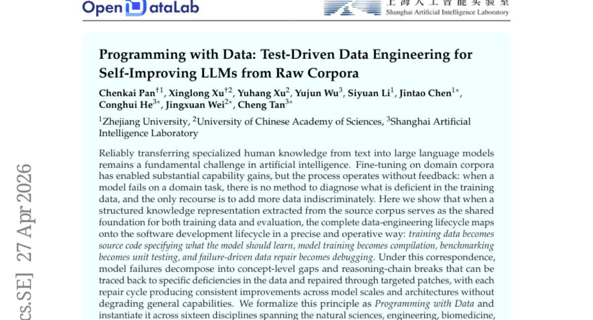 Programming with Data: Test-Driven Data Engineering for Self-Improving LLMs from Raw Corpora