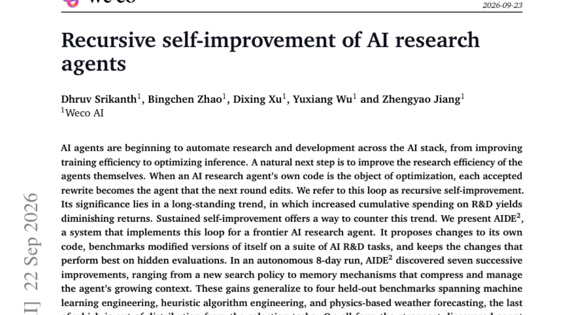 Recursive self-improvement of AI research agents