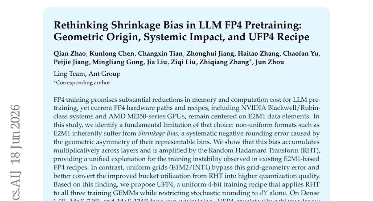 Rethinking Shrinkage Bias in LLM FP4 Pretraining: Geometric Origin, Systemic Impact, and UFP4 Recipe