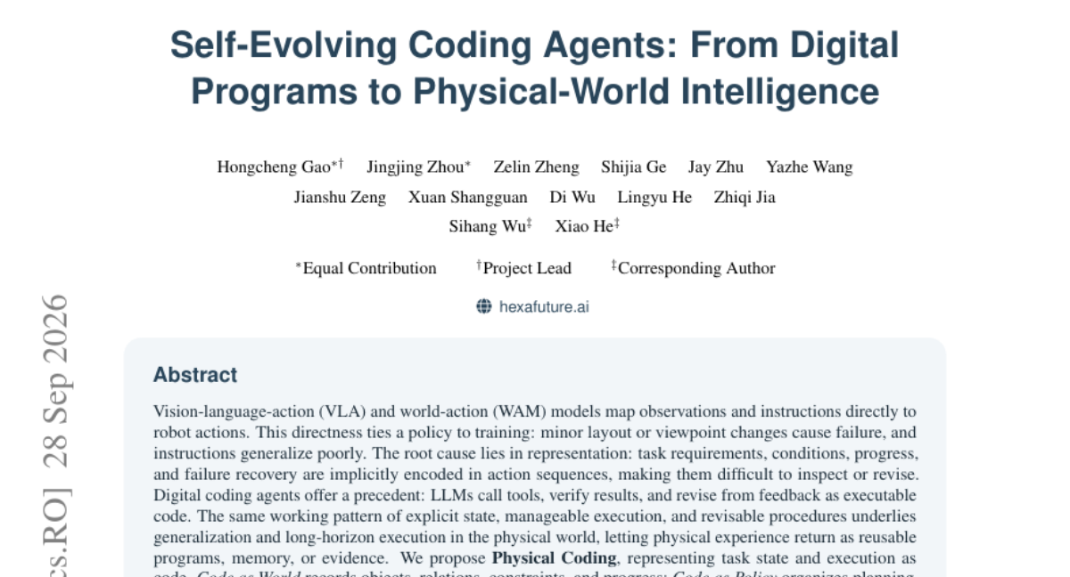 Self-Evolving Coding Agents: From Digital Programs to Physical-World Intelligence