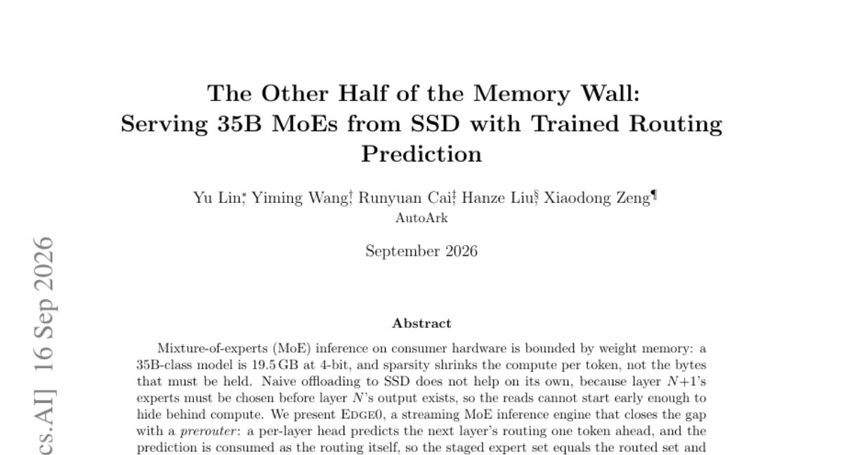 The Other Half of the Memory Wall: Serving 35B MoEs from SSD with Trained Routing Prediction