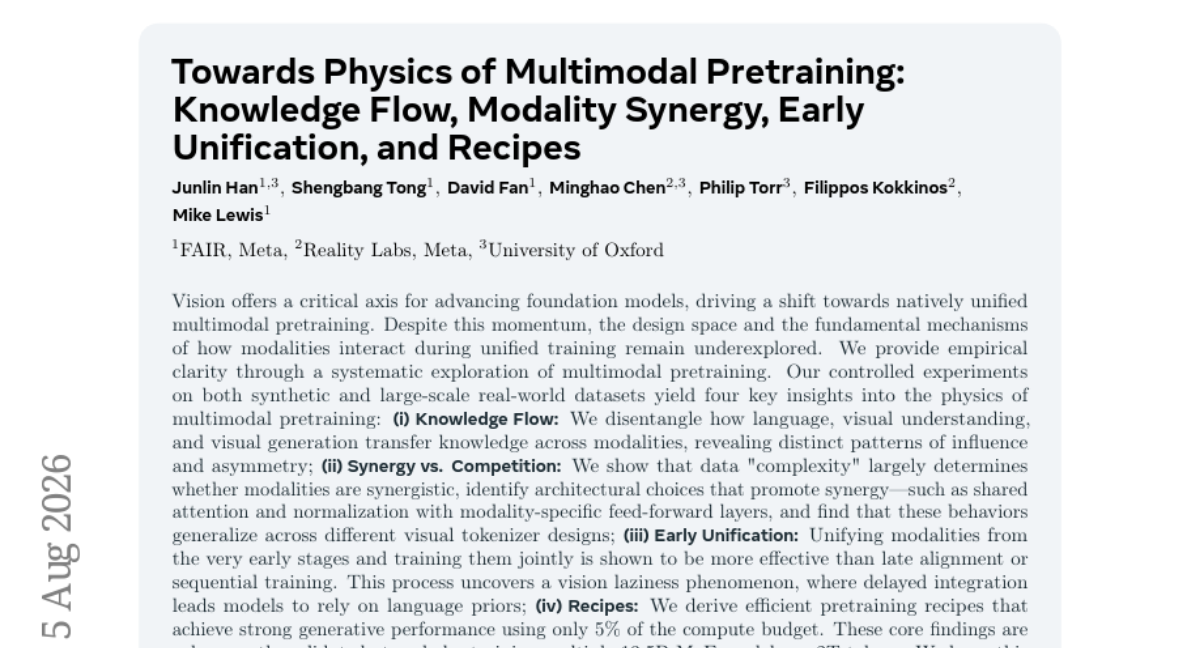 Towards Physics of Multimodal Pretraining: Knowledge Flow, Modality Synergy, Early Unification, and Recipes
