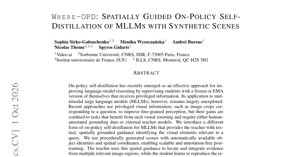 Where-OPD: Spatially Guided On-Policy Self-Distillation of MLLMs with Synthetic Scenes