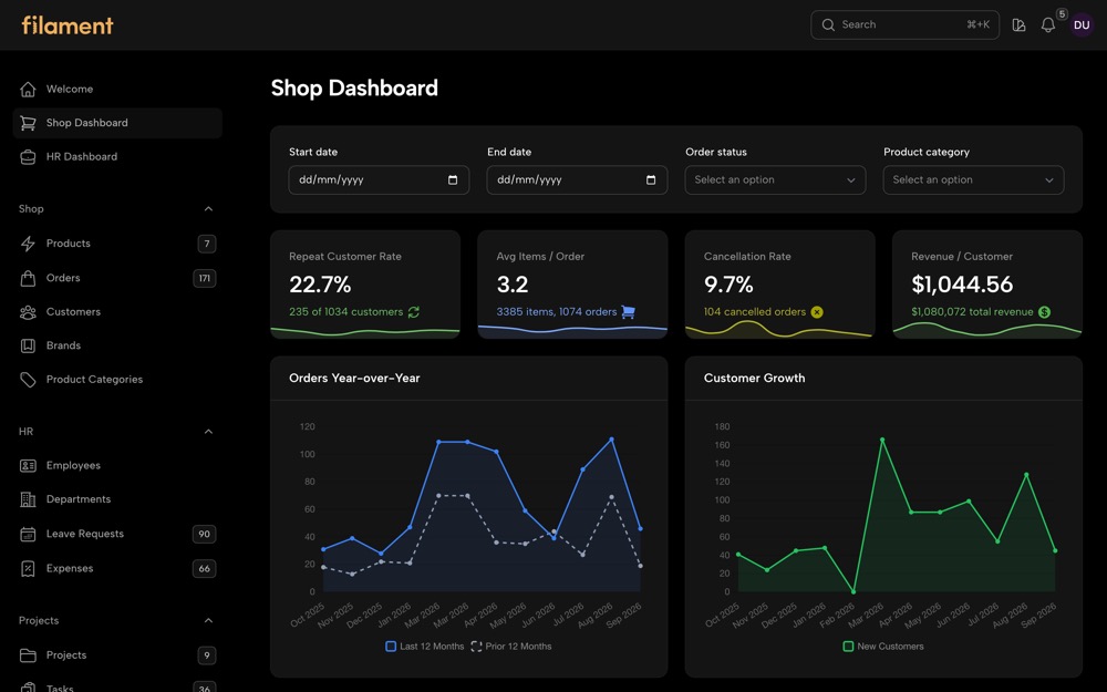 Shop dashboard in the Black theme