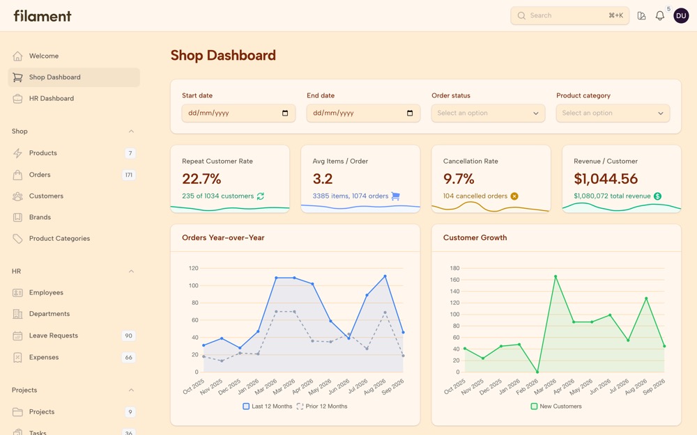 Shop dashboard in the Caramellatte theme