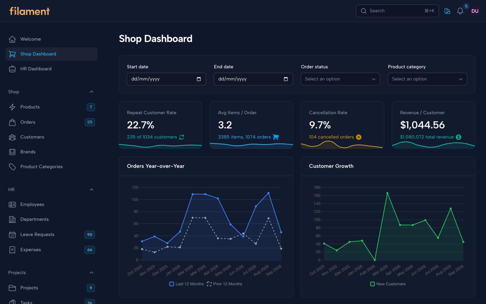 Shop dashboard in the Night theme