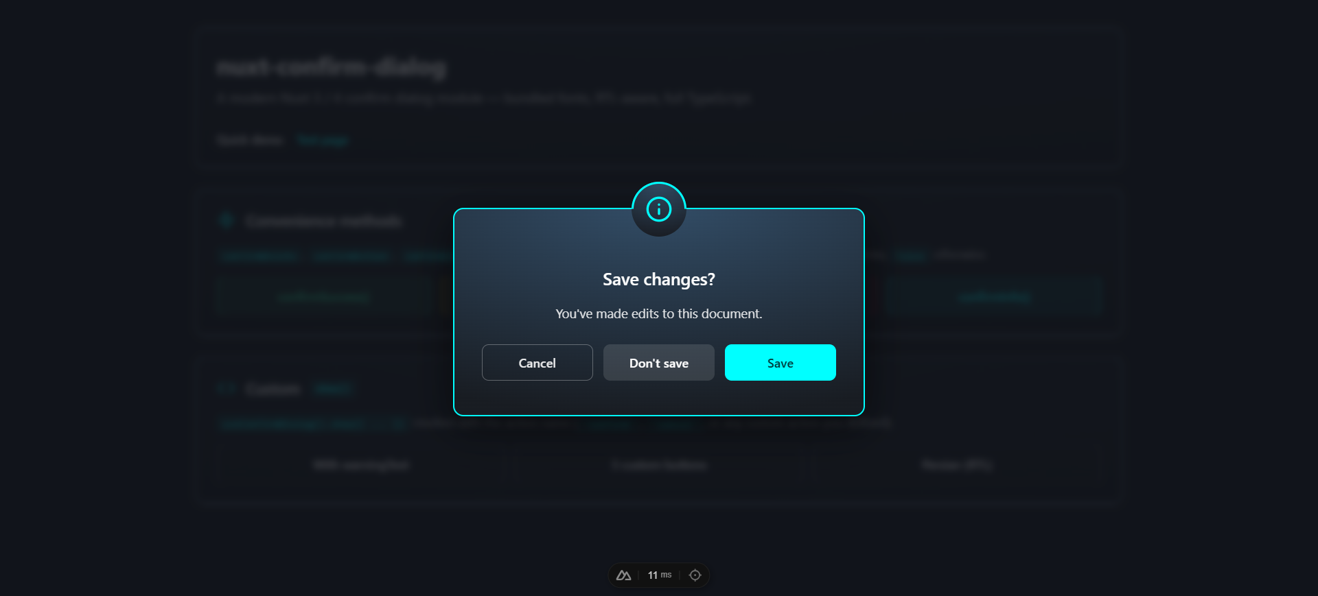 Three-button dialog showing Cancel, Don't save, and Save laid out in a CSS grid