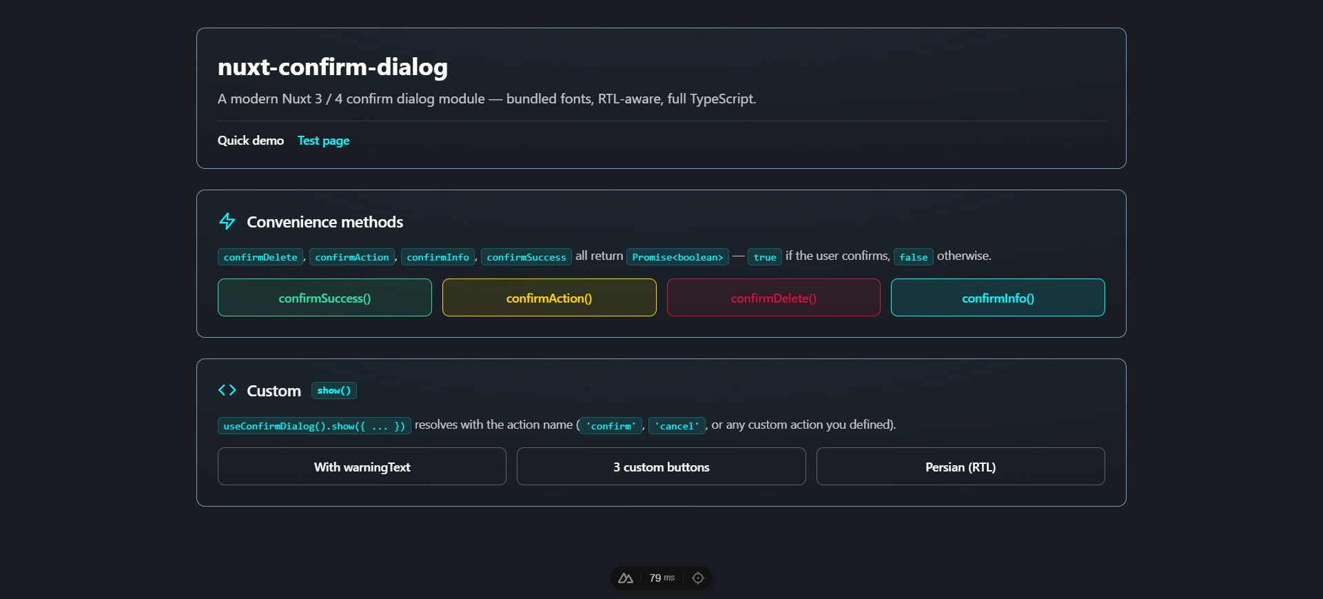 Quick demo page with the four convenience-method buttons and the custom show() controls