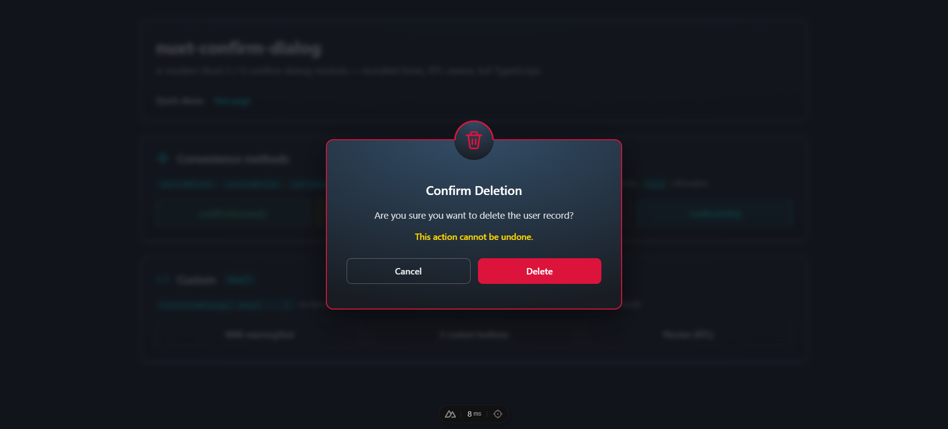 Confirm Deletion dialog: red border, trash icon in a half-arc circle, "This action cannot be undone" warning, Cancel + Delete buttons