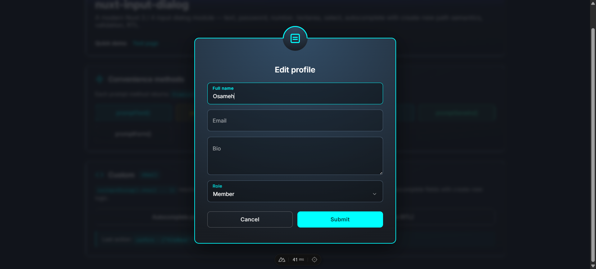 Edit profile form with Full name, Email, Bio textarea, and Role select fields