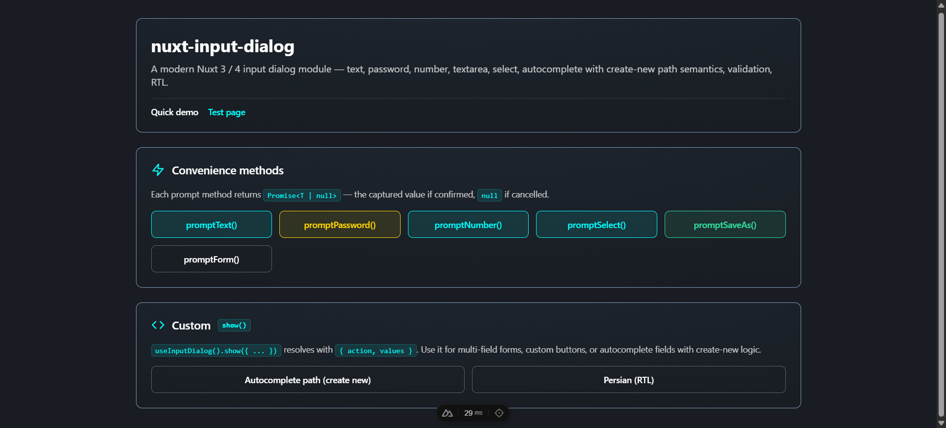 Quick demo page with the six convenience-method buttons and the custom show() controls