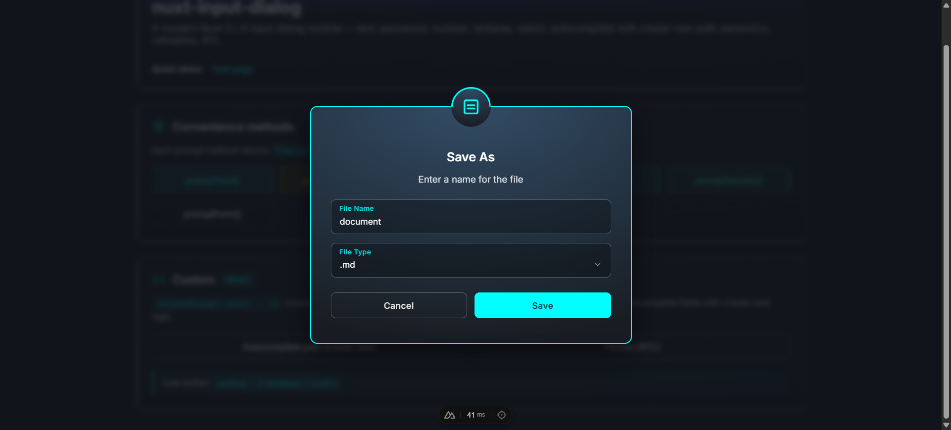 Save As dialog with File Name 'document' and File Type '.md' selected