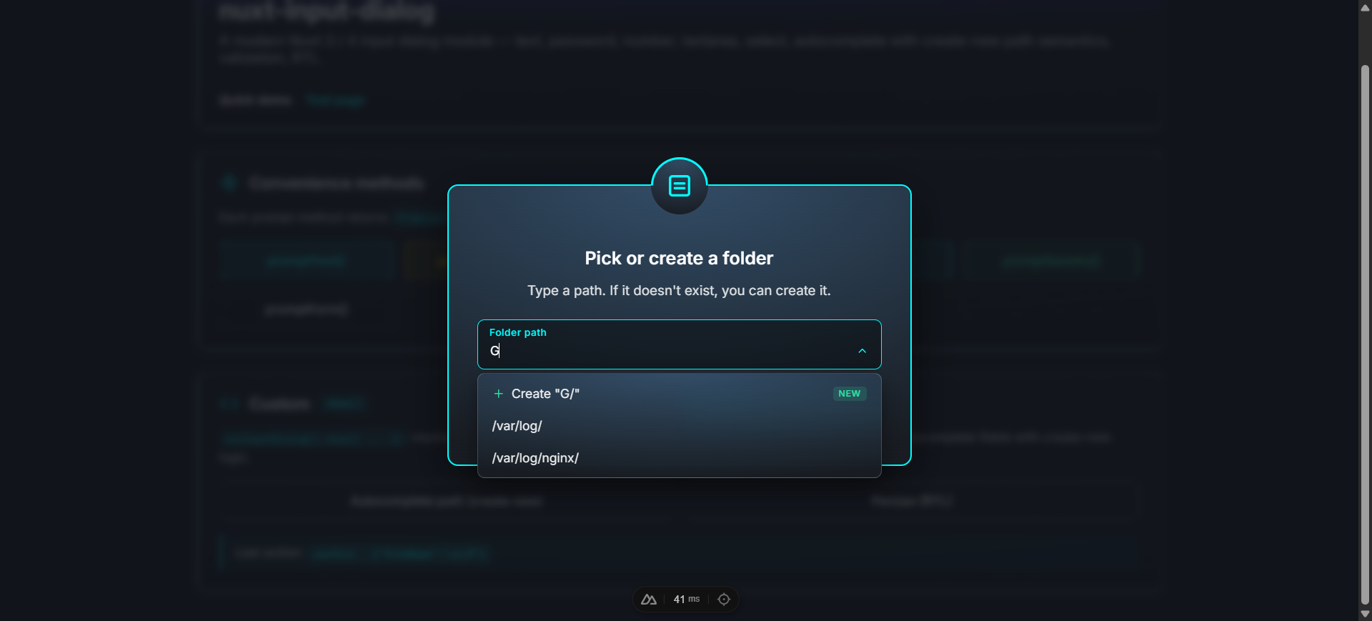 Autocomplete folder picker with "G" typed and a "Create G/" suggestion at the top of the dropdown with a NEW badge, followed by /var/log/ and /var/log/nginx/