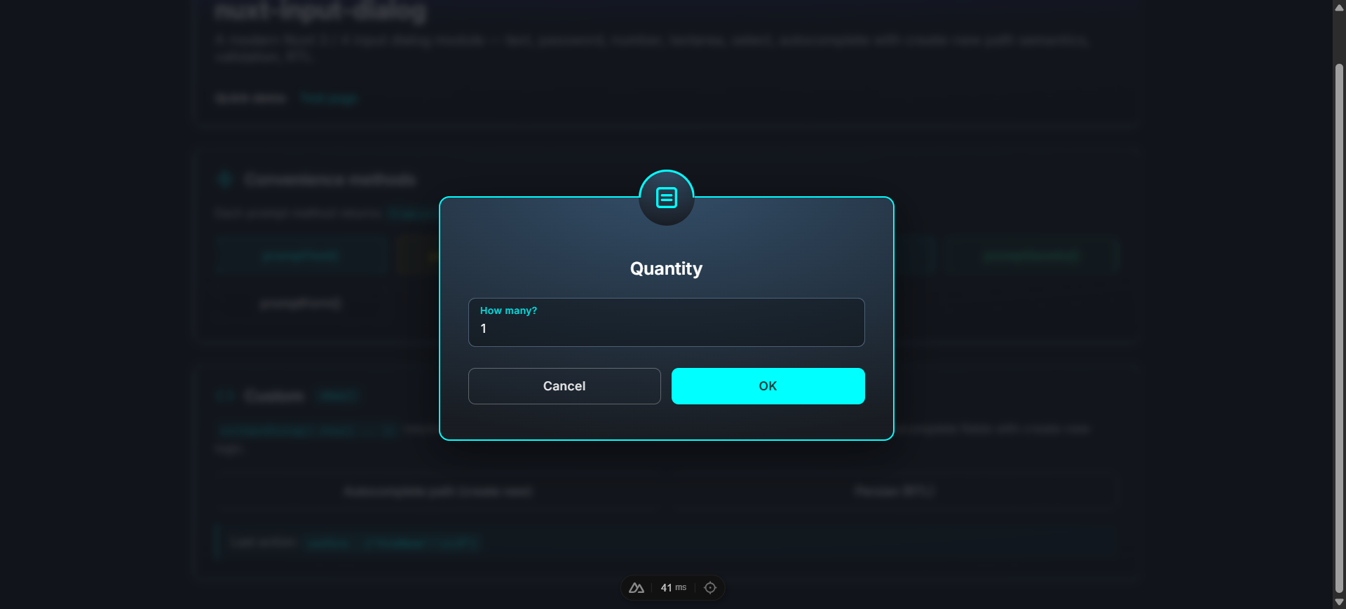 Number field — Quantity dialog with default value 1