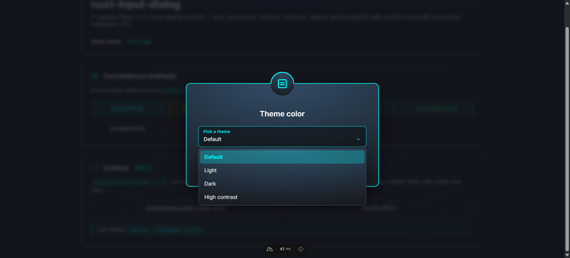Select field with the dropdown open showing four theme colors