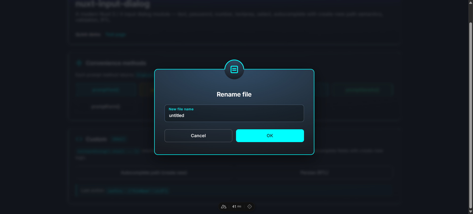 Rename file dialog with a single text input — floating label inside the input box, OK / Cancel buttons