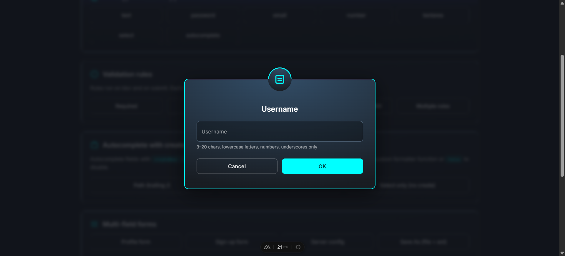 Username dialog showing the hint "3-20 chars, lowercase letters, numbers, underscores only" below the input